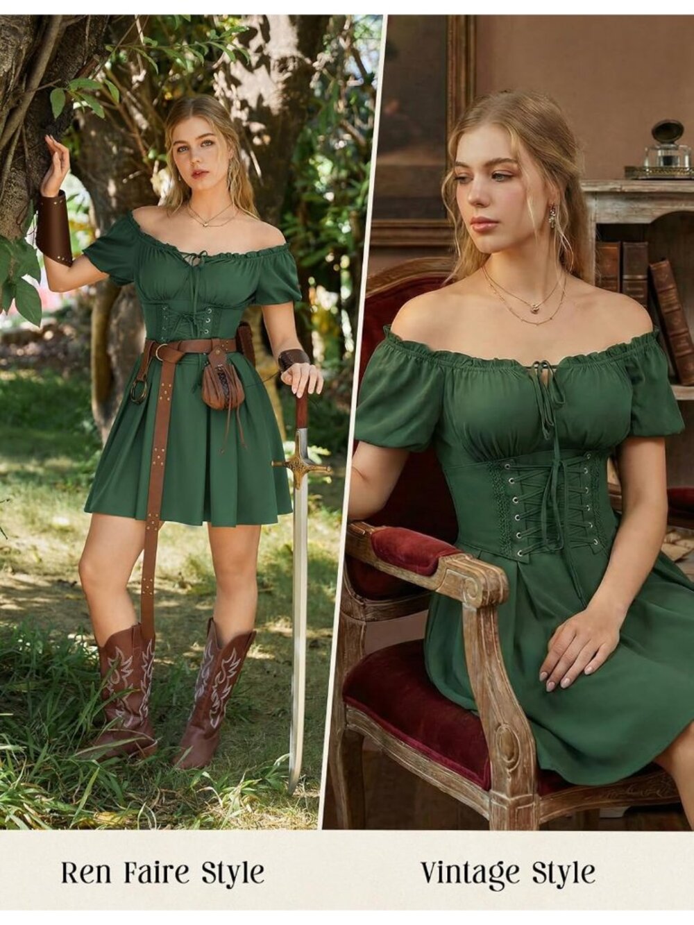 Women's Olive Renaissance Costume Corset Dress Mini Off Shoulder Fairy Dresses - Picture 5 of 6